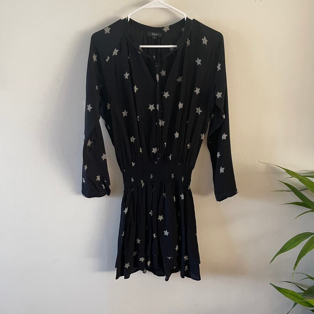 Rails Womens Small Jasmine Mini Dress Black Star Print Ruffle Hem Whimsy Goth